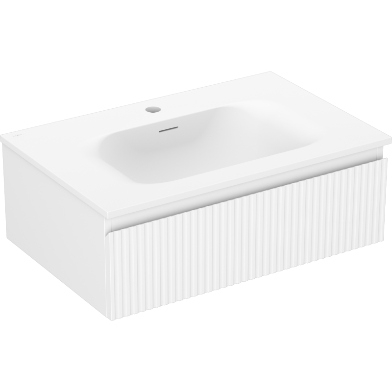 Servantskap med vask Mexen Rivel 70 cm i hvit matt med vertikale riller, sett fra skrå vinkel.