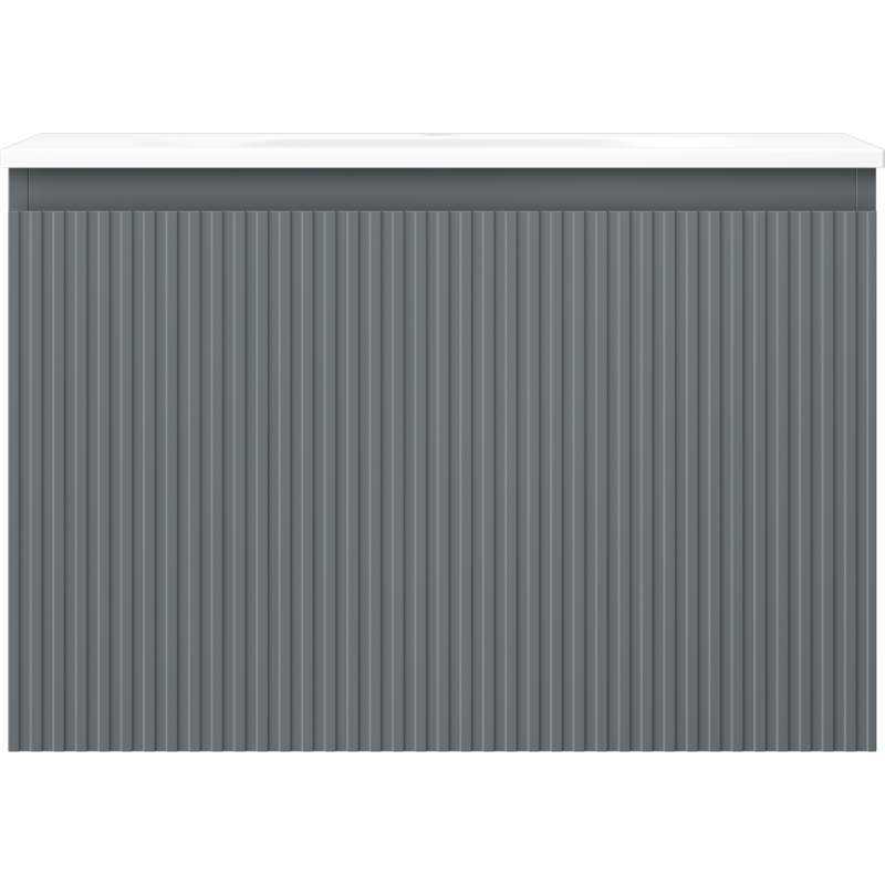 Servant med skap i grafitt med ribbet front og hvit topp, sett rett forfra.
