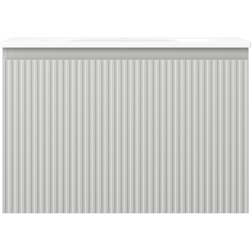 Servant med skap i hvit utførelse med vertikale rifler og glatt topp, sett rett forfra.