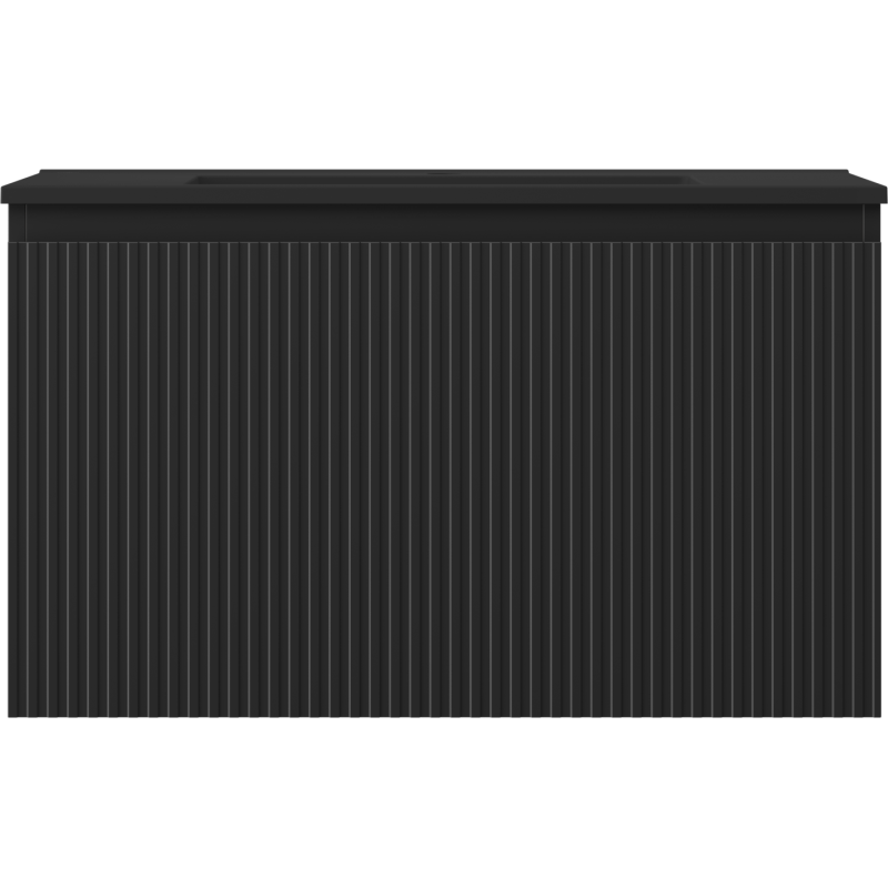 Servant med skap i svart matt med vertikale riller, sett forfra uten synlige håndtak.