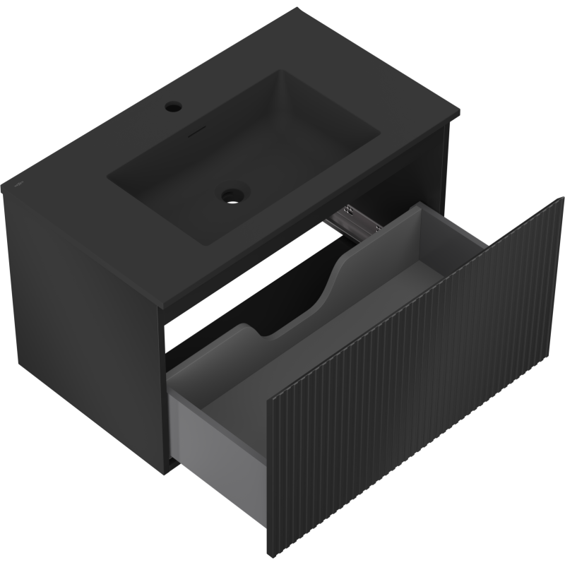 Baderomsskap med vask Mexen Rivel 80 cm i svart matt, åpen skuff med rillefront og utsparing for rør.
