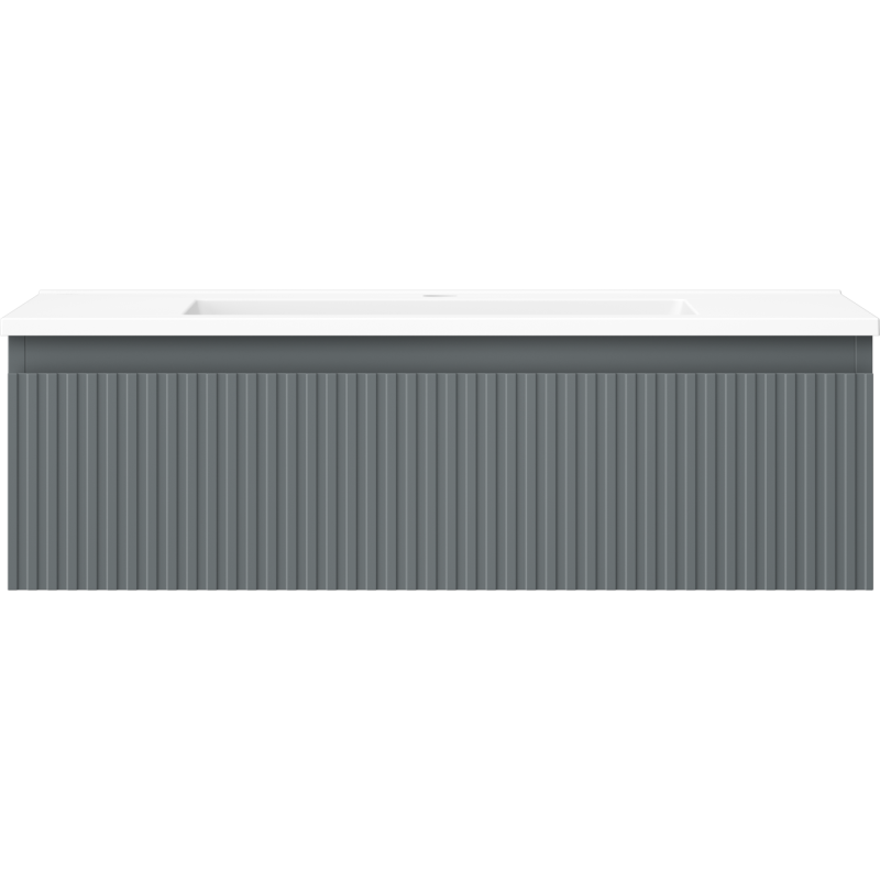 Servant med skap i grafitt og hvit matt med riflet front, sett forfra.