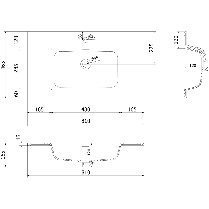 Servant med skap teknisk tegning av Mexen Rivel 80 cm med mål og plassering for hull.