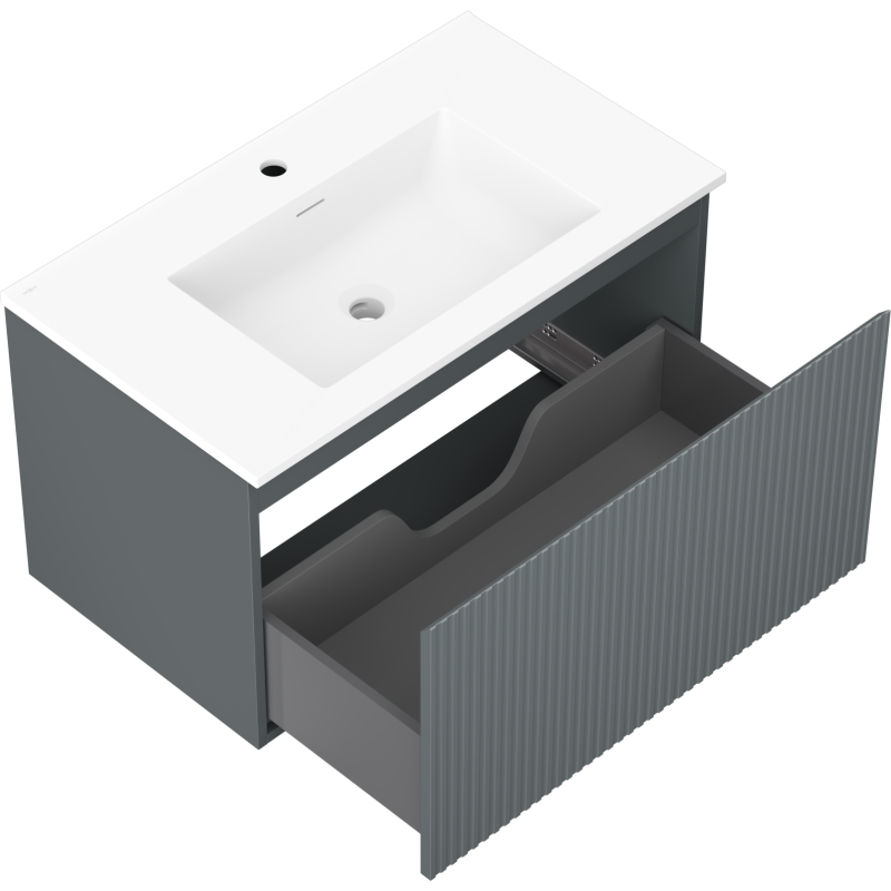 Baderomsskap med vask 80 cm grafitt matt Mexen Rivel med åpen skuff og hvit servant, sett ovenfra.