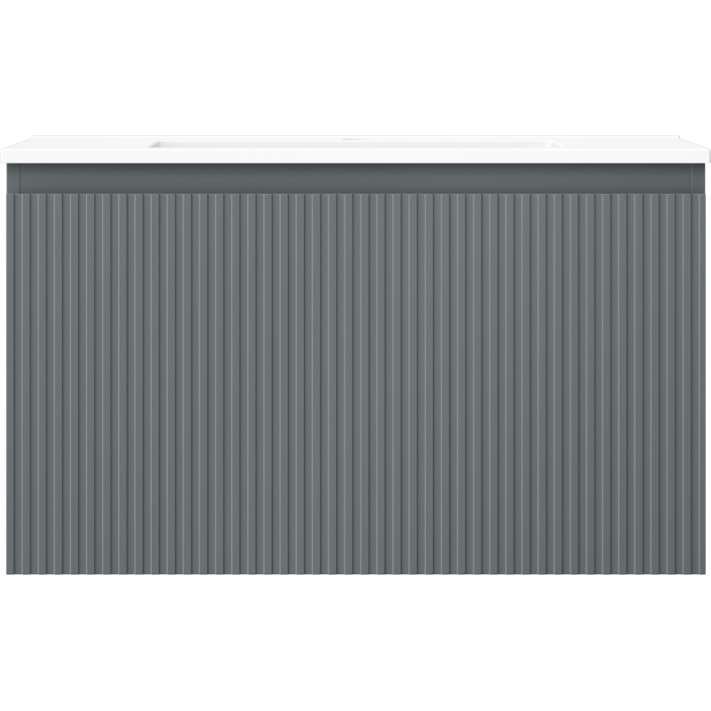 Servant med skap i grafitt matt med vertikale riller og hvit topp, sett rett forfra.