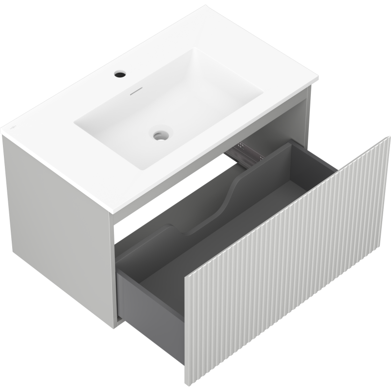 Baderomsskap med vask 80 cm grå matt, sett ovenfra med åpen skuff og vertikale riller.