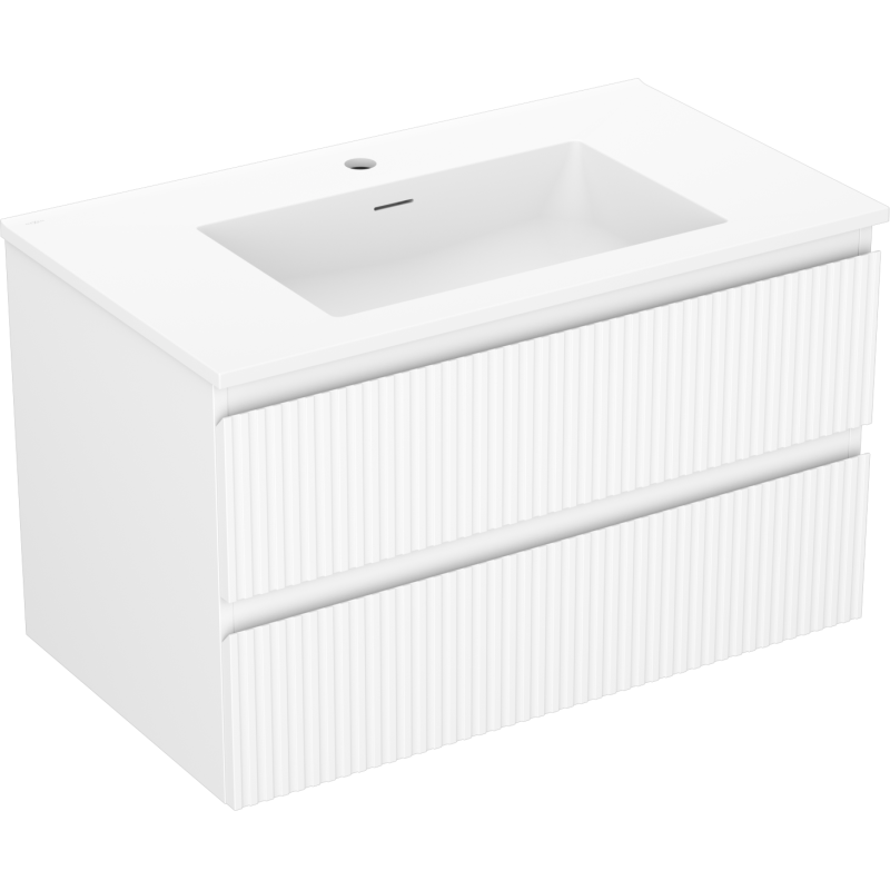 Servantskap med vask 80 cm i hvit matt med to skuffer og vertikale riller, sett i skrått perspektiv.