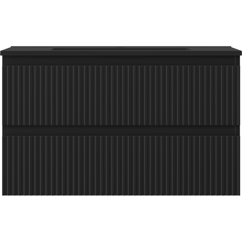 Servant med skap i svart matt med to skuffer og vertikal rillet front, sett forfra.