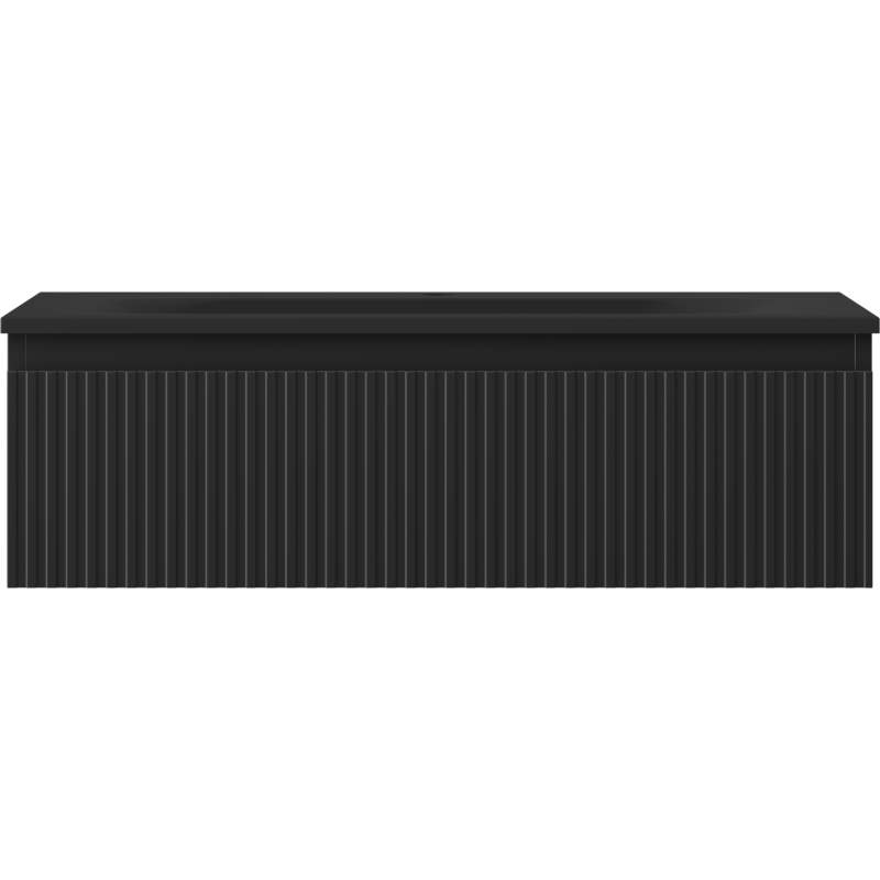 Servant med skap i svart matt med vertikale riller, sett rett forfra.