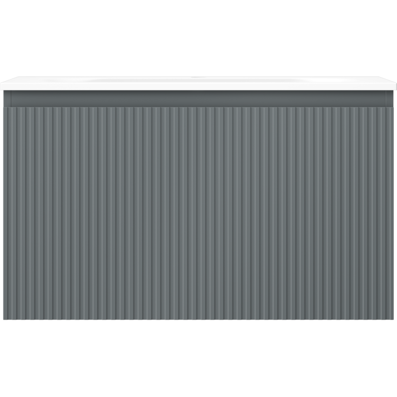 Servant med skap i grafitt matt med vertikale riller og hvit topplate, sett forfra.