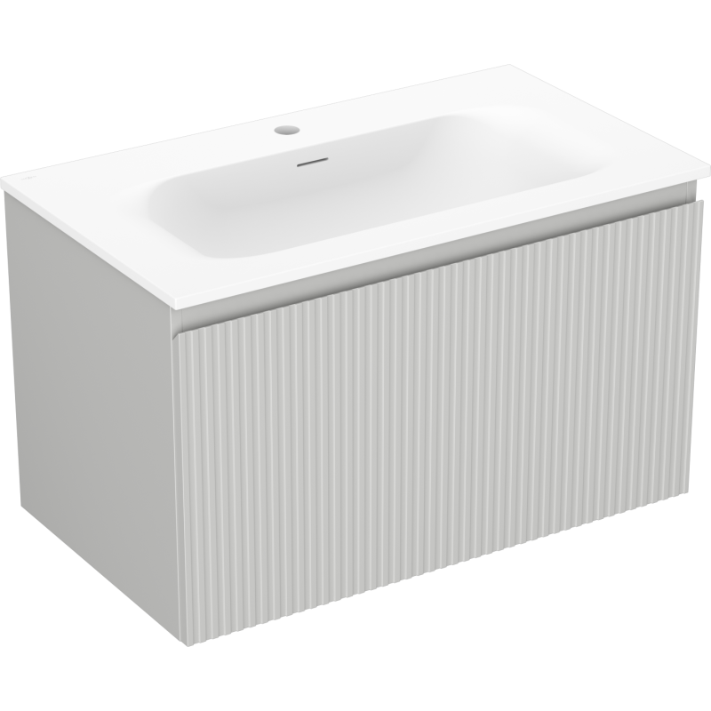 Servantskap med vask 80 cm grå/blå matt Mexen Rivel med vertikale riller, sett skrått forfra.