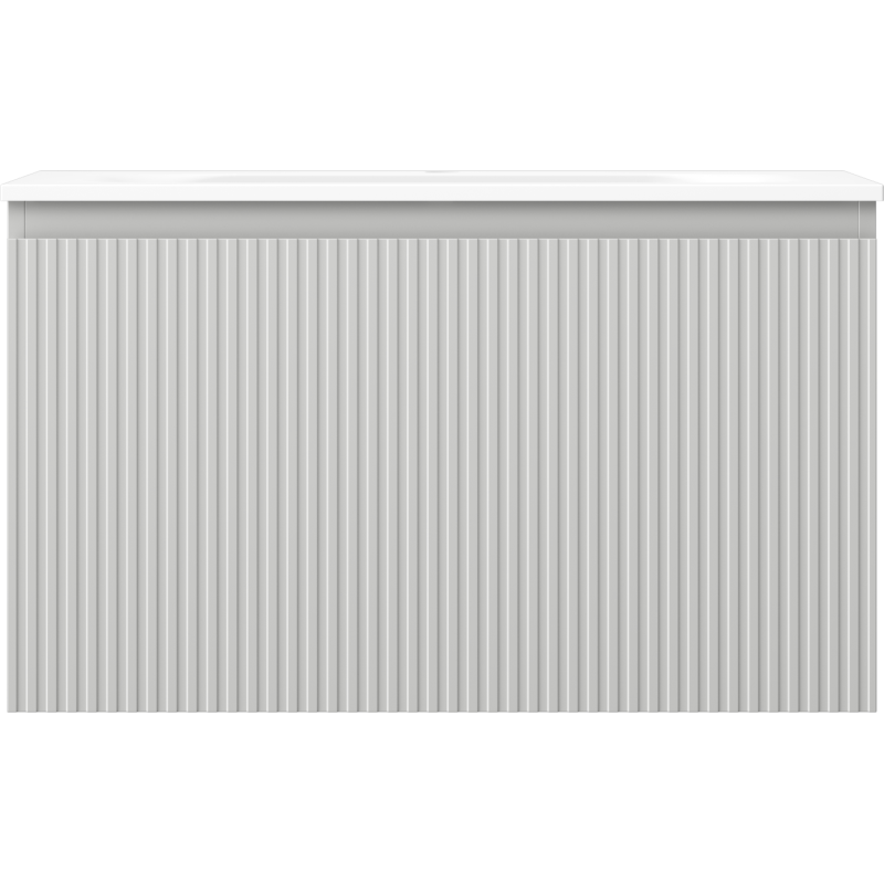 Servant med skap i grå/blå matt finish med vertikale riller, moderne og enkel design.