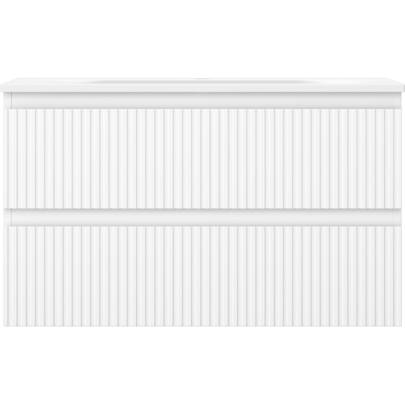 Servant med skap i hvit matt finish med vertikale riller og to skuffer, sett forfra.