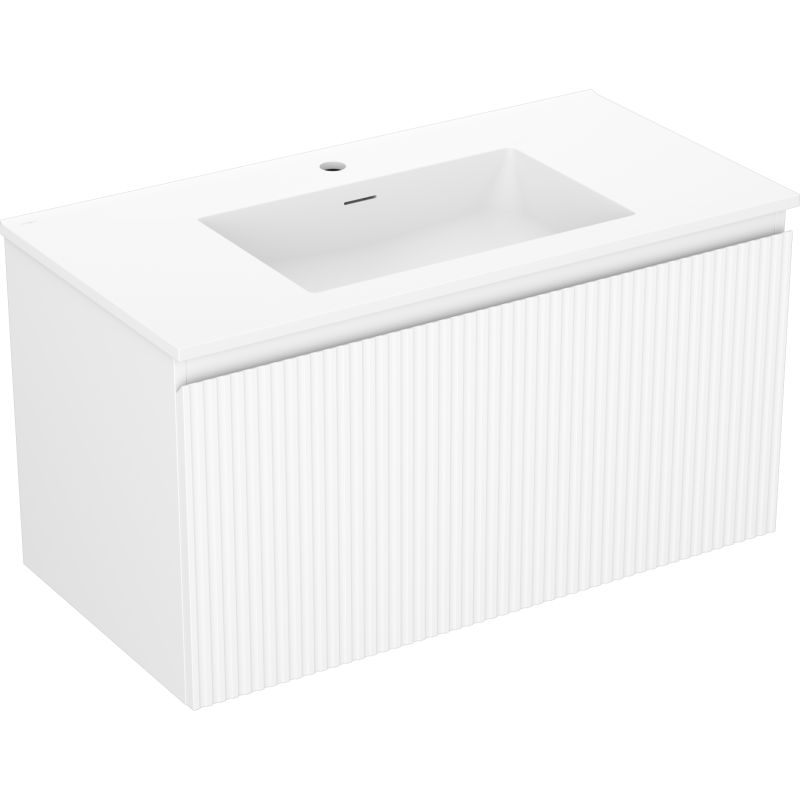 Servantskap med vask 90 cm hvit Mexen Rivel/Otis med vertikale riller, sett skrått forfra og ovenfra.