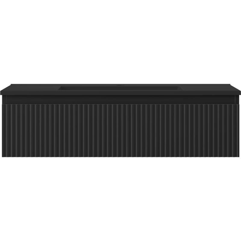 Servant med skap i svart matt med vertikale riller, moderne design, sett rett forfra.