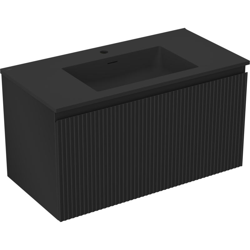 Servantskap med vask 90 cm svart matt med vertikale riller og rett servant, sett fra skrå vinkel.