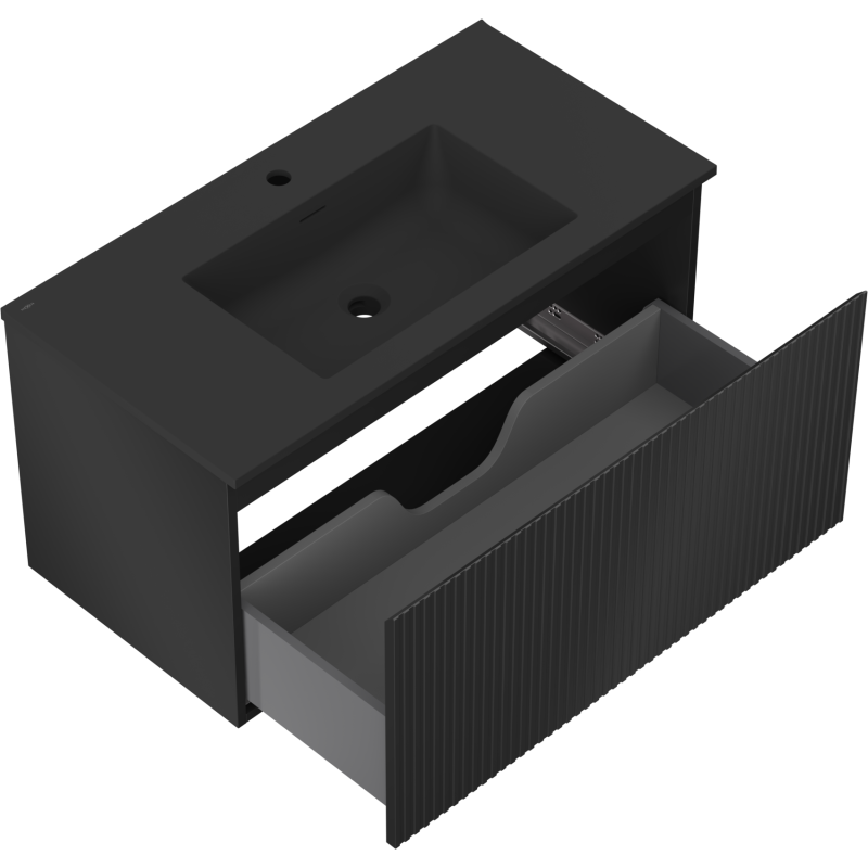 Baderomsskap med vask Mexen Rivel 90 cm i svart matt med rillet skuff, sett ovenfra i vinkel.