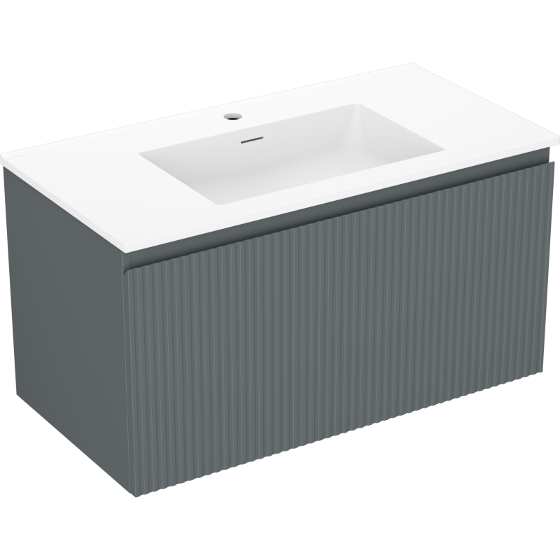 Servantskap med vask 90 cm grafitt matt med riflet front og hvit servant, sett fra skrå vinkel.