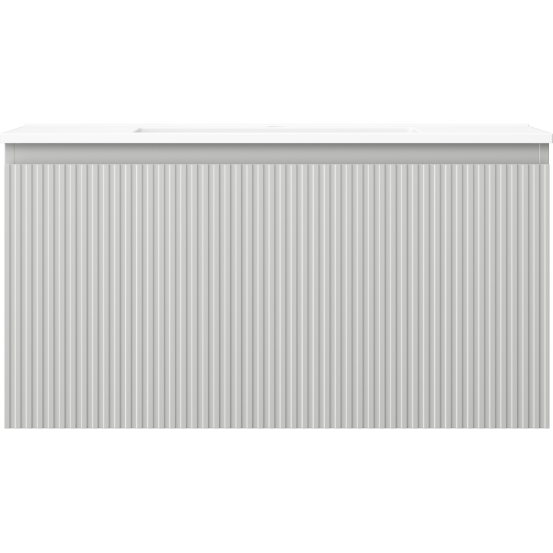 Servant med skap i hvit og lys grå matt med vertikale riller, sett rett forfra.