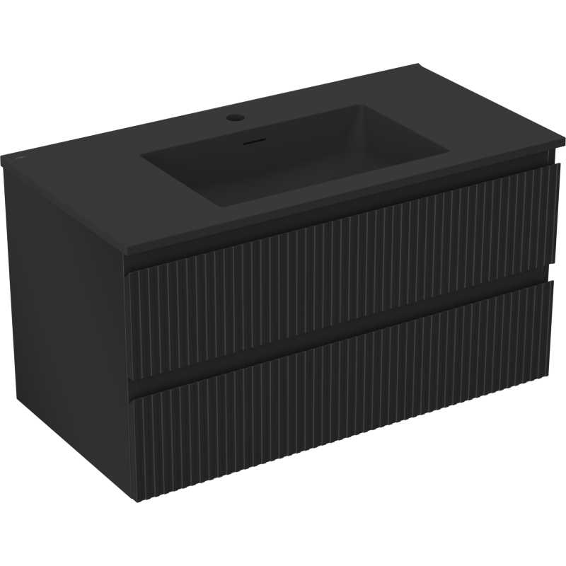 Servantskap med vask 90 cm svart matt, riflete fronter og to skuffer uten håndtak, sett skrått forfra.