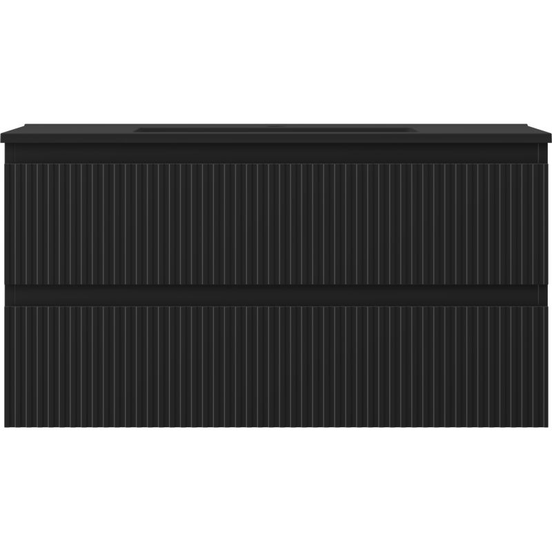 Servant med skap i svart matt med vertikale riller og to skuffer, frontvisning.