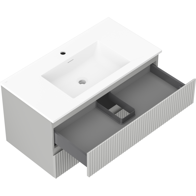 Baderomsskap med vask Mexen Rivel 90 cm i grå matt, skuff trukket ut med rillet frontpanel.