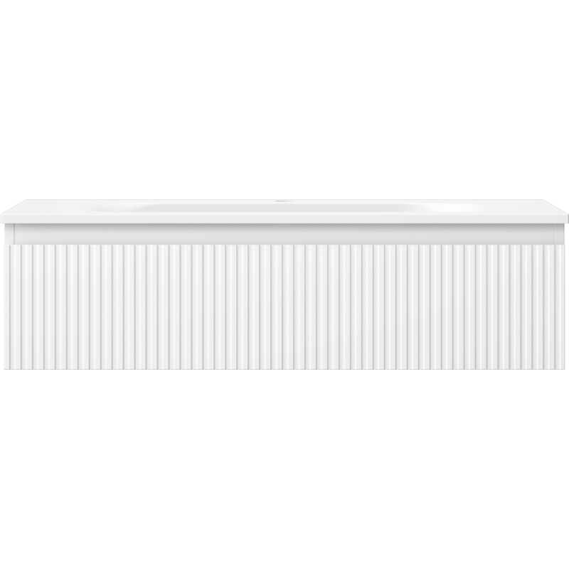 Servant med skap i hvit matt utførelse med vertikale riller og glatt topp, sett rett forfra.