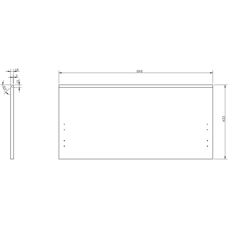 Servantskap med vask teknisk tegning som viser mål og festepunkter for Mexen Rivel Vela 90 cm.