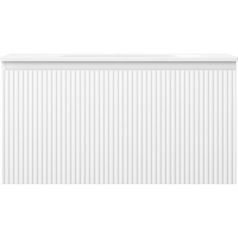 Servant med skap i hvitt med vertikale riller og bred toppkant, sett rett forfra uten håndtak.