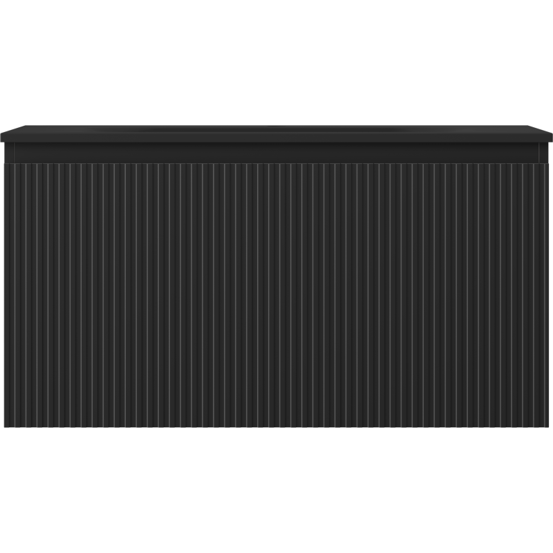 Servant med skap i svart matt finish med vertikale riller, sett rett forfra.