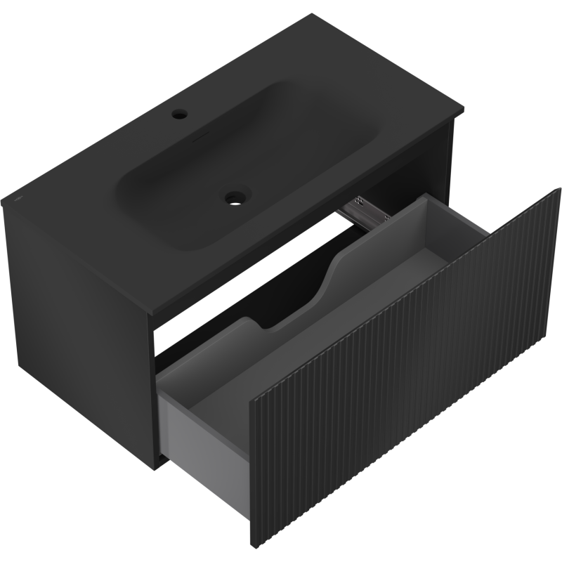 Baderomsskap med vask 90 cm Mexen Rivel i svart matt med riflet front og åpen skuff sett skrått ovenfra.