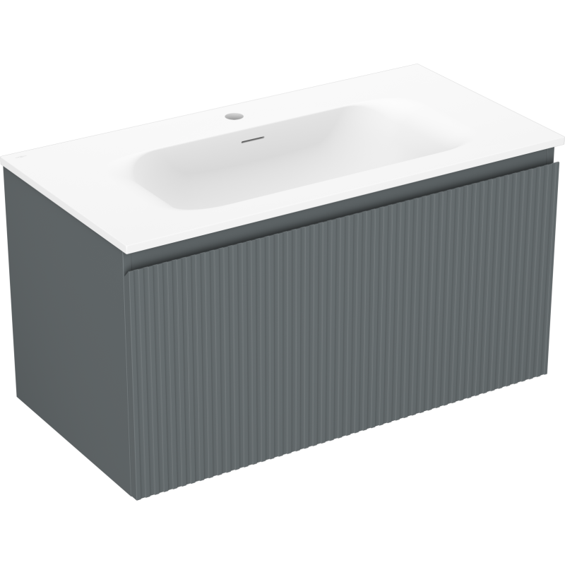 Servantskap med vask 90 cm grafitt/hvit matt med riflet front sett fra skrå vinkel.