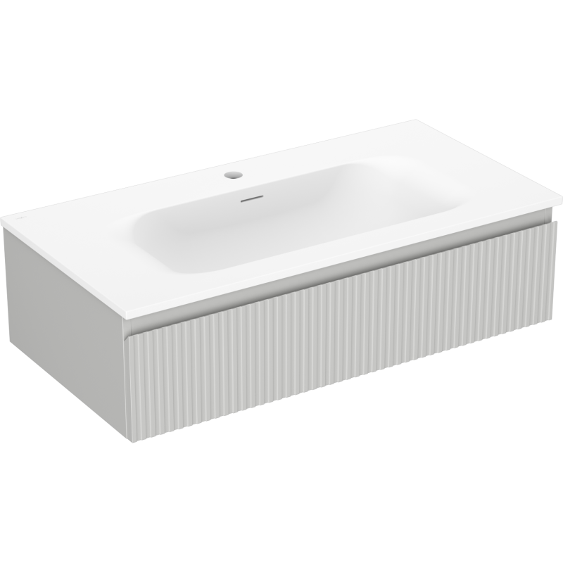 Servantskap med vask 90 cm Mexen Rivel i grå/blå matt med vertikale riller, sett skrått forfra.