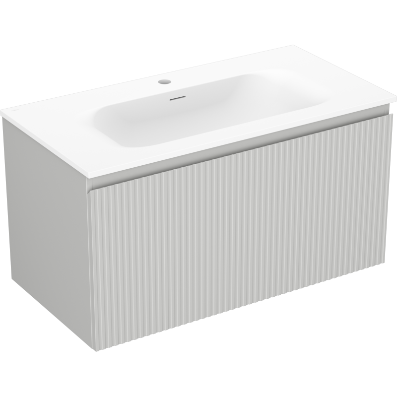 Servantskap med vask 90 cm Mexen Rivel i grå og hvit med vertikale riller, sett fra skrå vinkel.