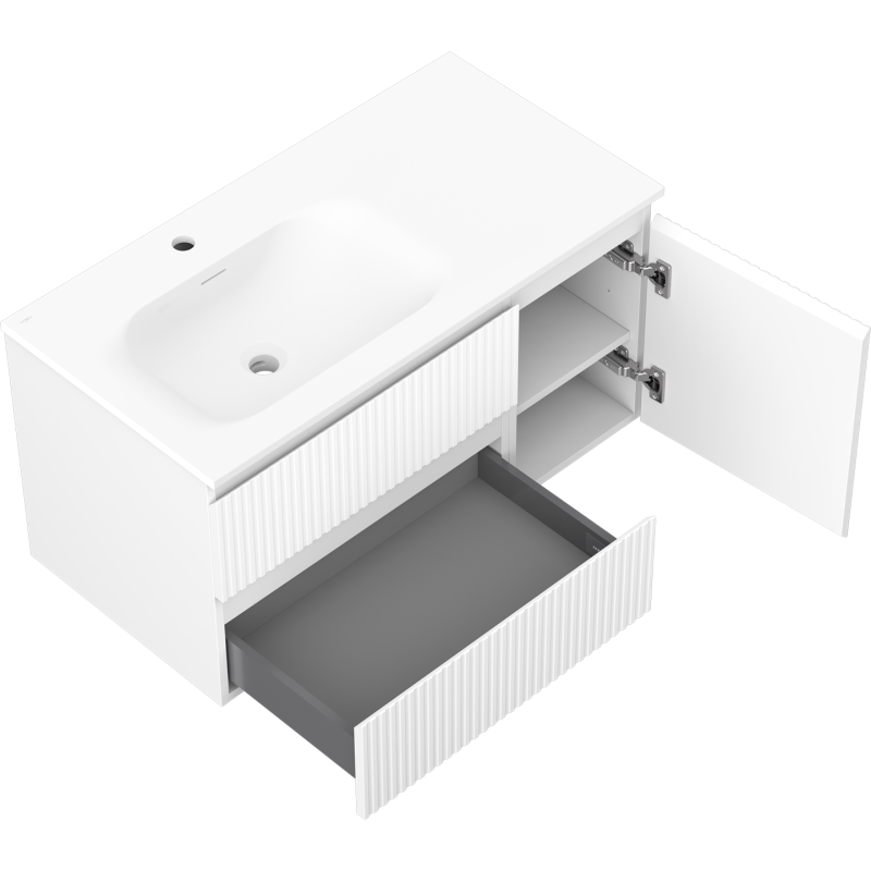 Baderomsskap med servant Mexen Rivel Vela 90 cm, hvit, sett ovenfra med åpen dør og skuff.
