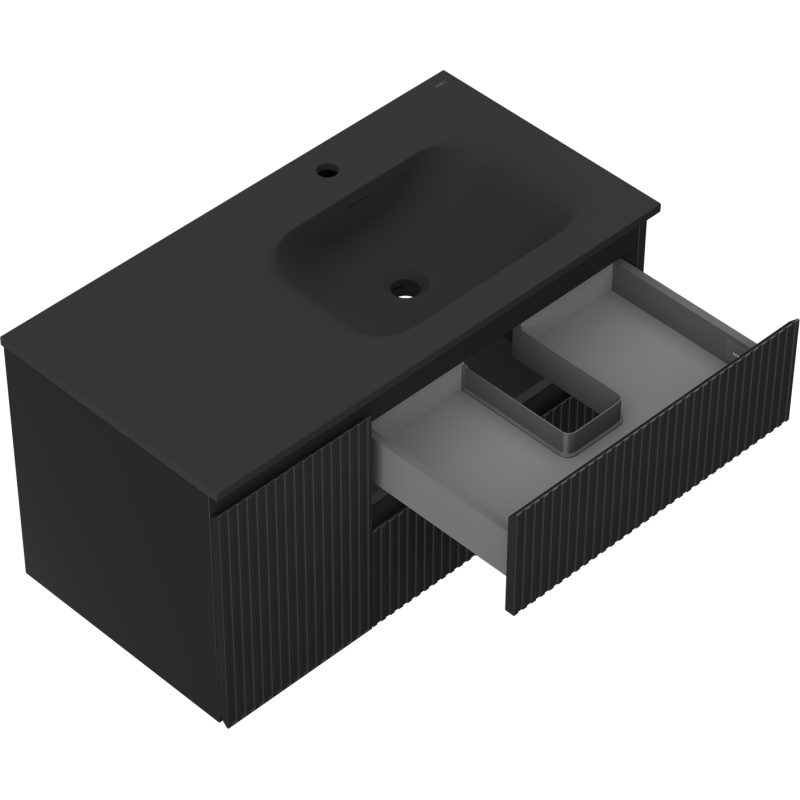 Baderomsskap med vask Mexen Rivel Vela 90 cm i svart matt med åpen skuff og rillede fronter.