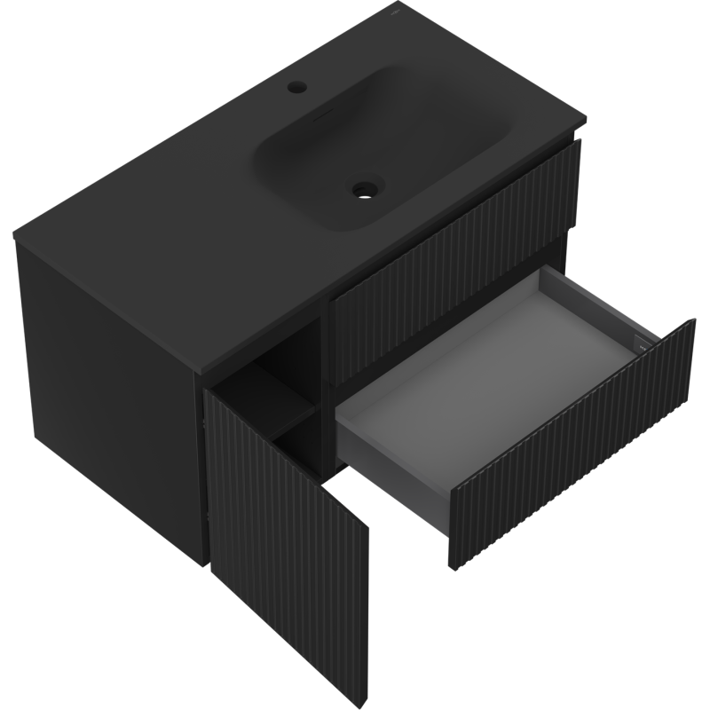 Baderomsskap med servant i svart matt finish, åpen skuff og dør som viser hylle, sett skrått ovenfra.