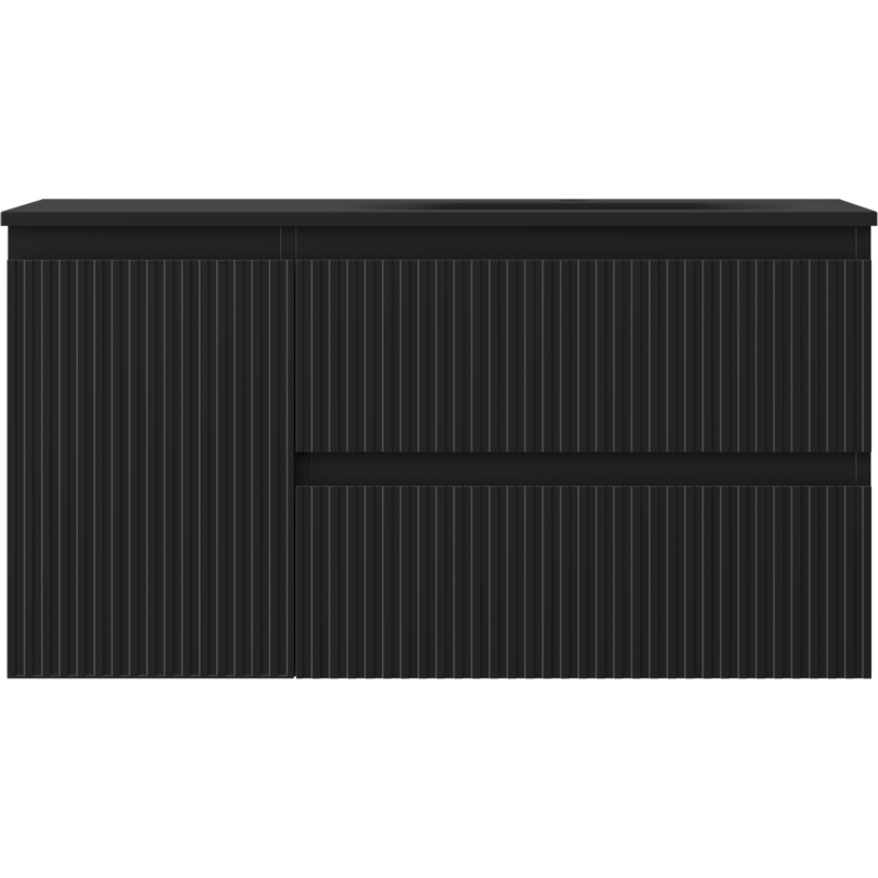 Servant med skap i svart matt finish med vertikale riller og integrert horisontalt håndtak.