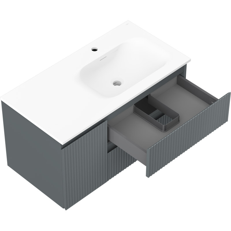 Baderomsskap med vask 90 cm grafitt/hvit matt, skuff med avdeler og vertikale riller, sett skrått ovenfra.