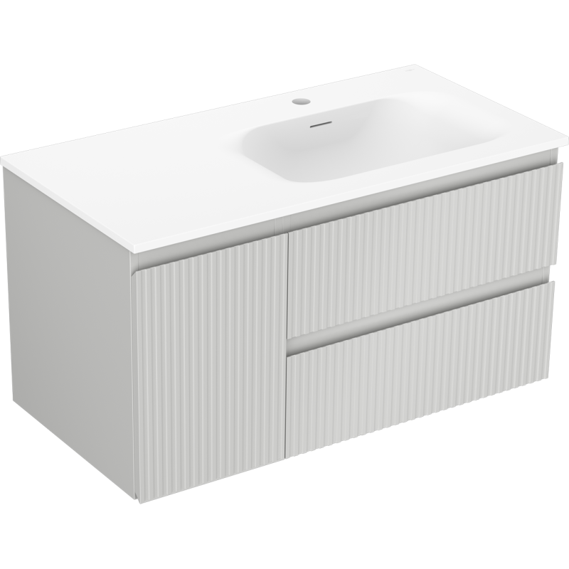 Servantskap med vask 90 cm grå matt/hvit matt med to skuffer og rillet front sett fra skrå vinkel.