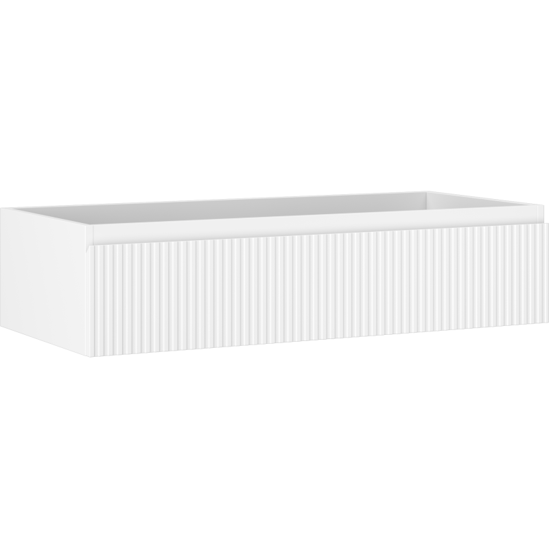 Servantskap 100 cm hvit matt med ribbet frontpanel, vist fra skrå vinkel mot front og side.