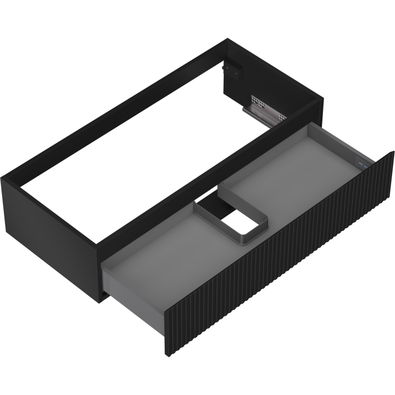 Servantskap uten vask 100 cm svart matt med rillet skuffefront, åpen skuff og innvendig rominndeling.