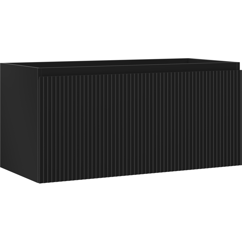 Servantskap 100 cm svart matt med én skuff og vertikale riller, sett fra skrå vinkel.