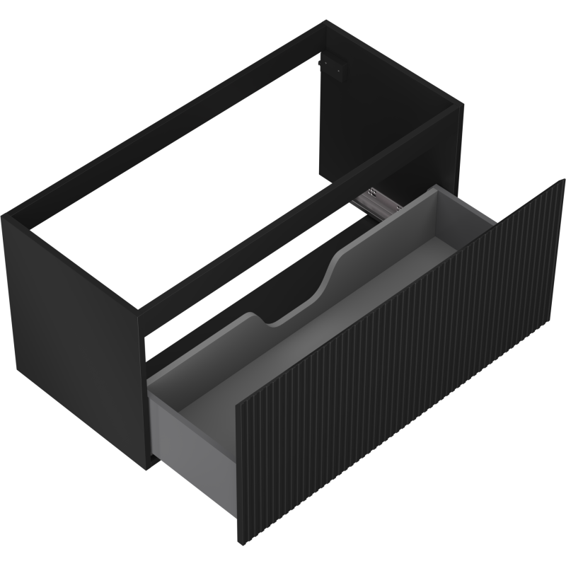 Servantskap uten vask 100 cm svart matt med åpen grå skuff og riflet frontpanel, sett ovenfra.