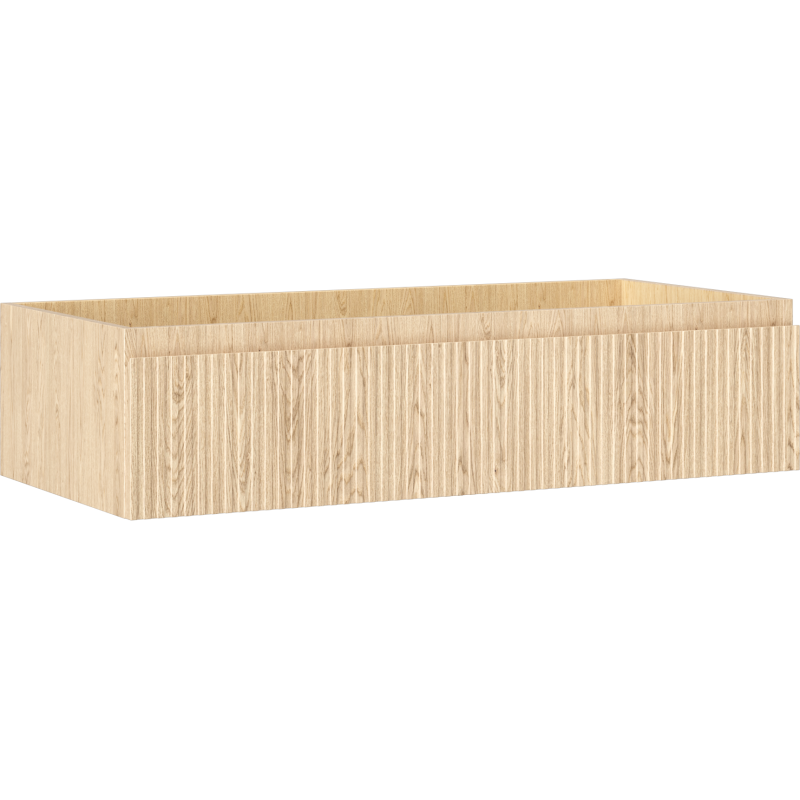 Servantskap 100 cm i lys eik med riflet front og én skuff, sett fra skrå vinkel foran.