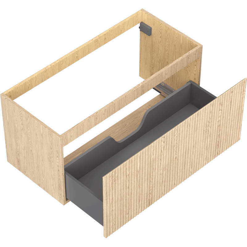 Servantskap uten vask 100 cm i eik med riflet front og grå skuff trukket ut, sett skrått ovenfra.