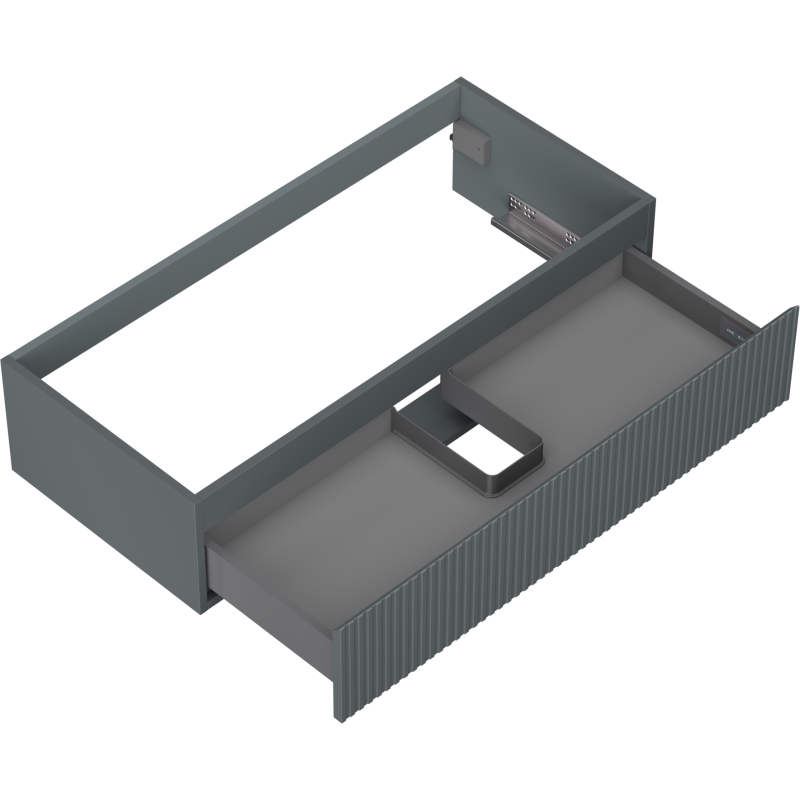 Servantskap uten vask grafitt matt 100 cm med riflet front og én skuff, sett fra skrå vinkel.