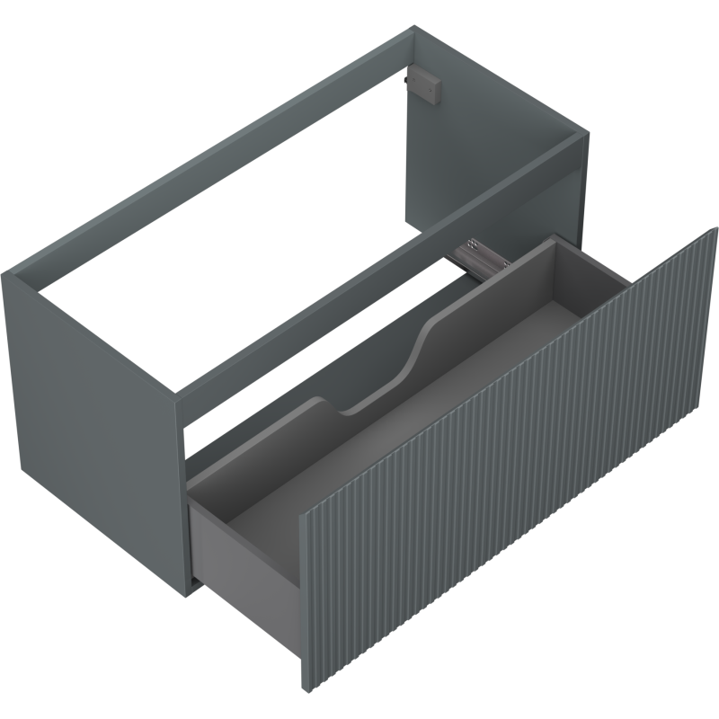 Servantskap uten vask 100 cm grafitt matt med åpen skuff og riflet frontpanel, vist skrått ovenfra.