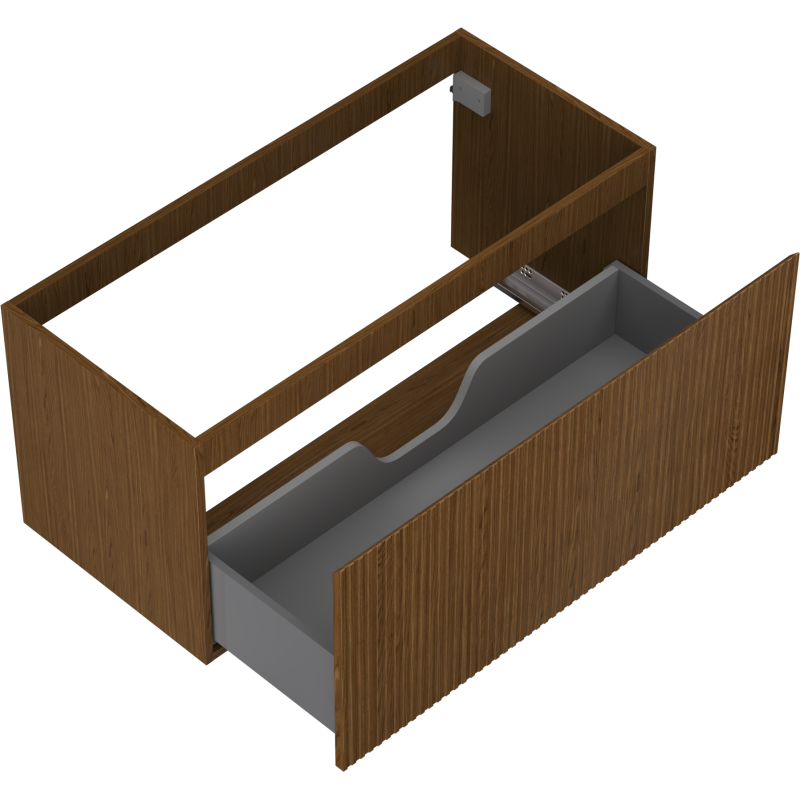 Servantskap uten vask 100 cm i valnøtt med én stor grå skuff og riflet front, sett skrått ovenfra.