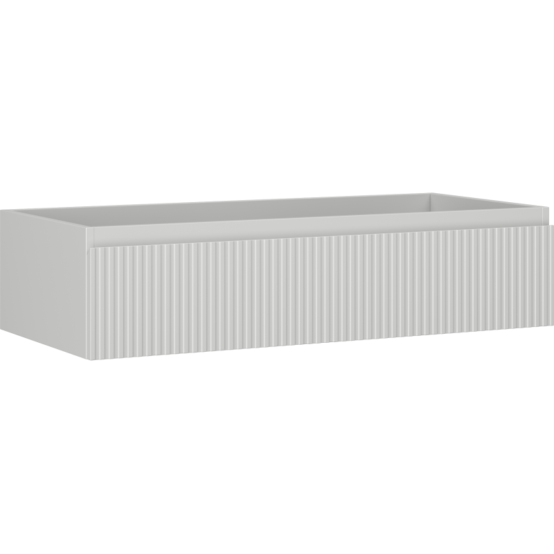 Servantskap 100 cm grå matt med én skuff og riflet front, vist fra skrå vinkel.